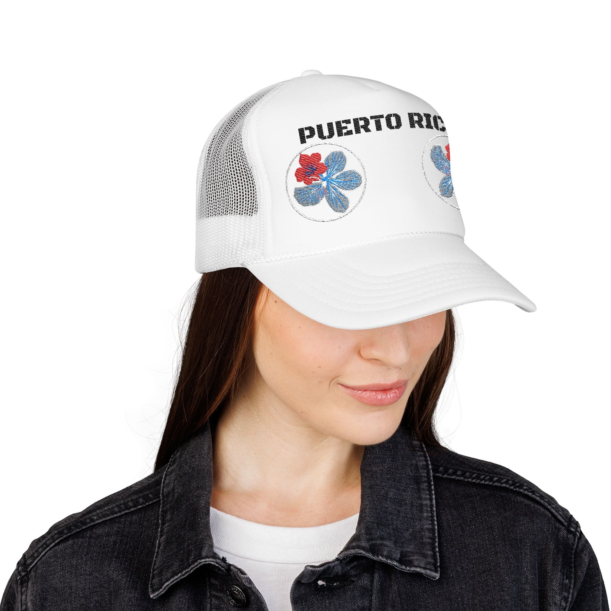 Floral Trio Foam Trucker Hat — Red & Blue Embroidered Flowers