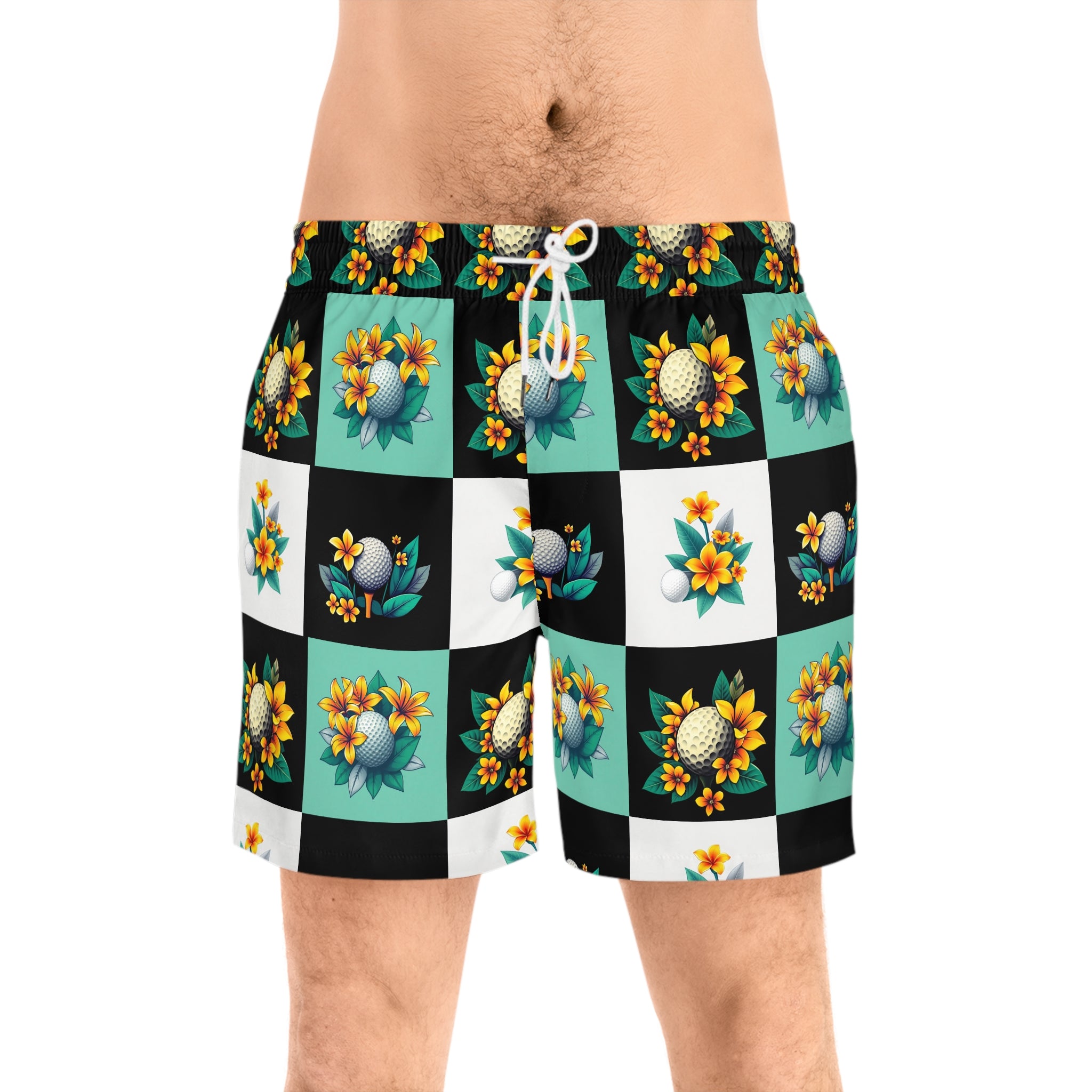 Floral Golf Swim Shorts — Men's Mid-Length Beachwear 95% polyester, 5% spandex