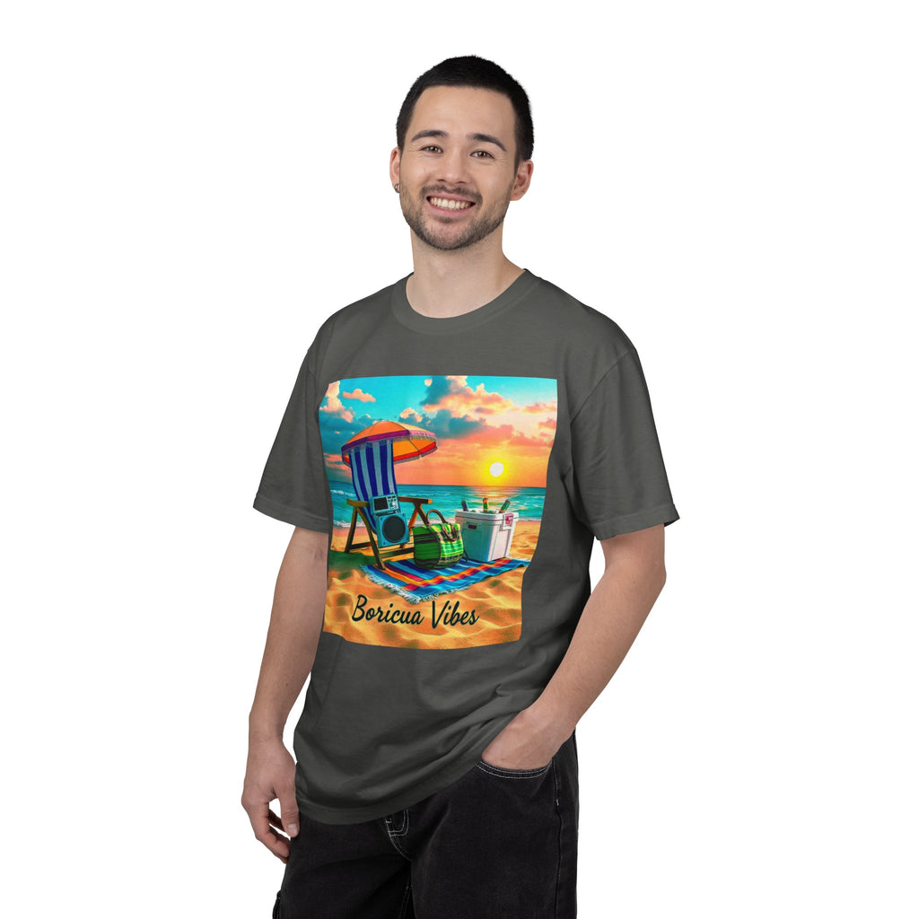 Boricua Vibes Beach T-Shirt — Puerto Rico Sunset Chair Graphic Tee