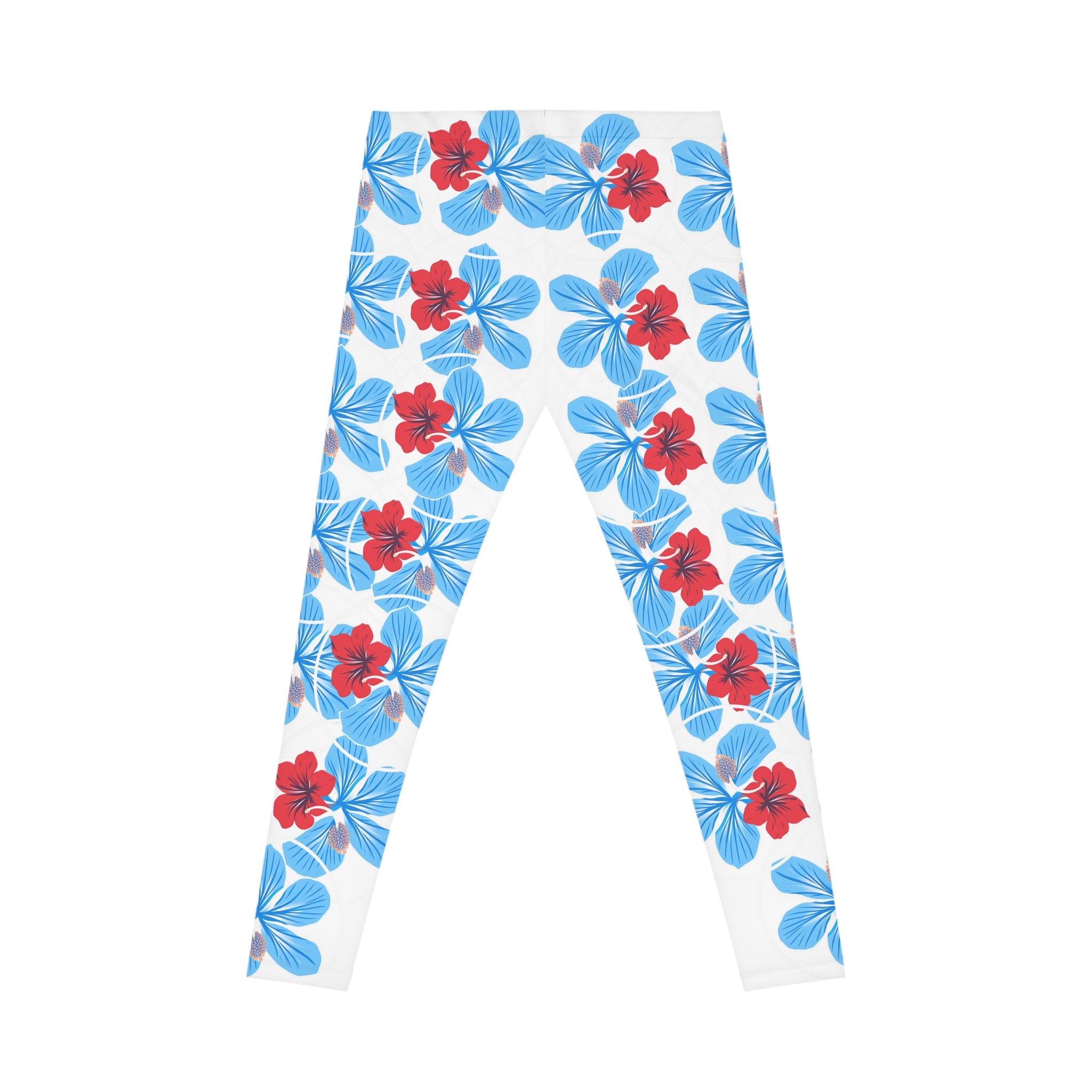 Tropical Floral Leggings — Blue & Red Hibiscus Allover Print