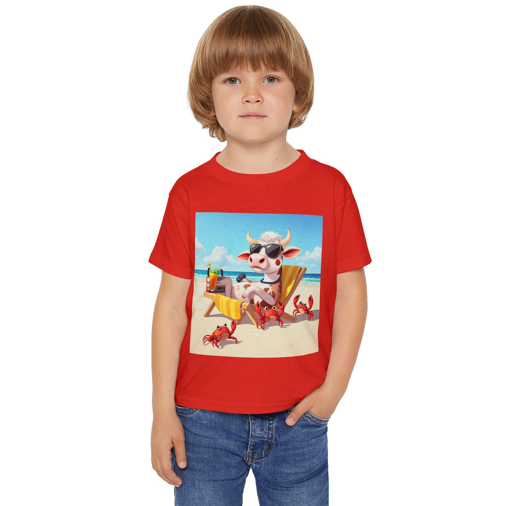 Toddler T-Shirt — Beach Cow in Sunglasses Graphic (Summer Vacation, Kid Tee)
