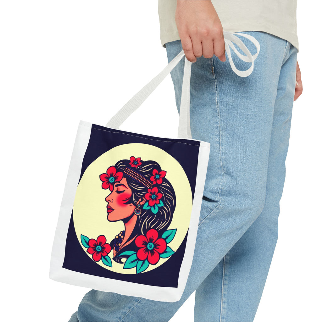 Floral Boho Woman Tote Bag — Retro Floral Portrait All-Over Print Tote