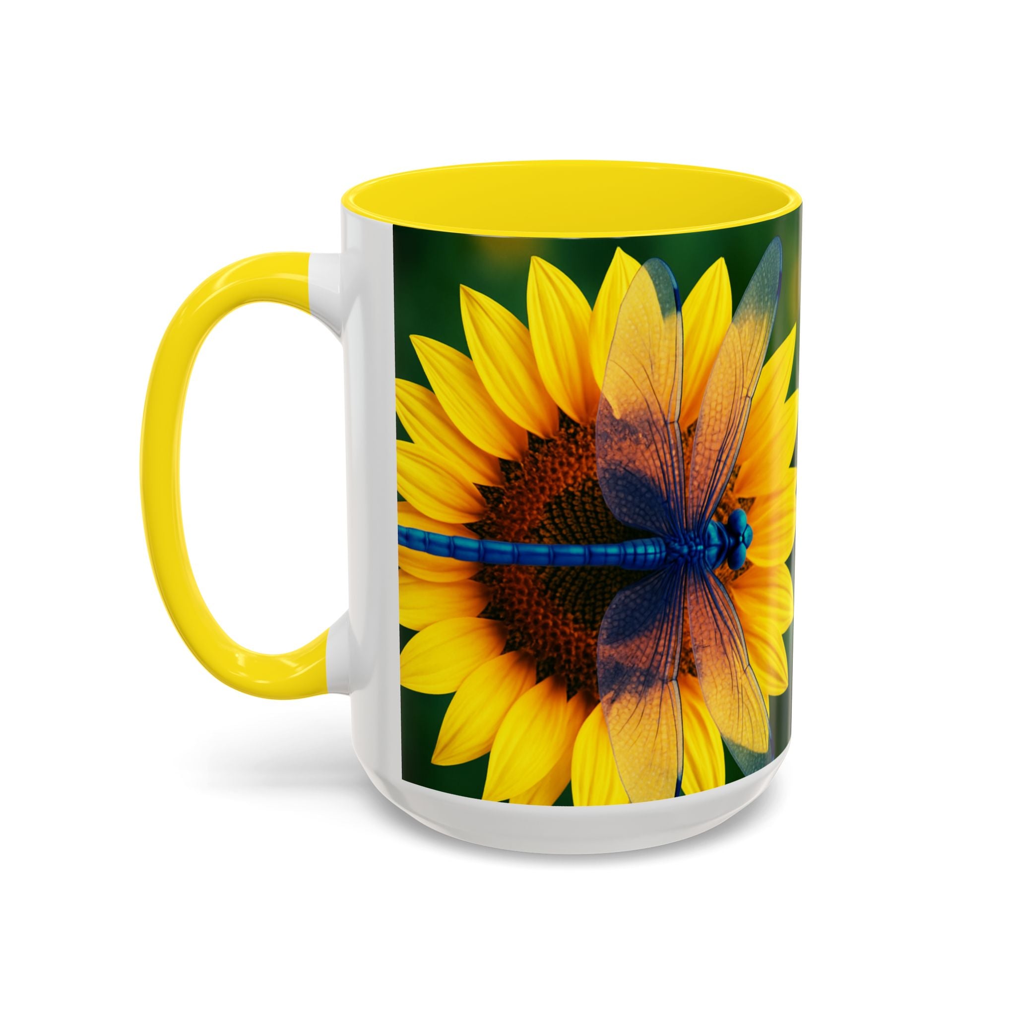 Sunflower & Dragonfly Accent Coffee Mug — Bright Floral Tea Cup (11/15oz)