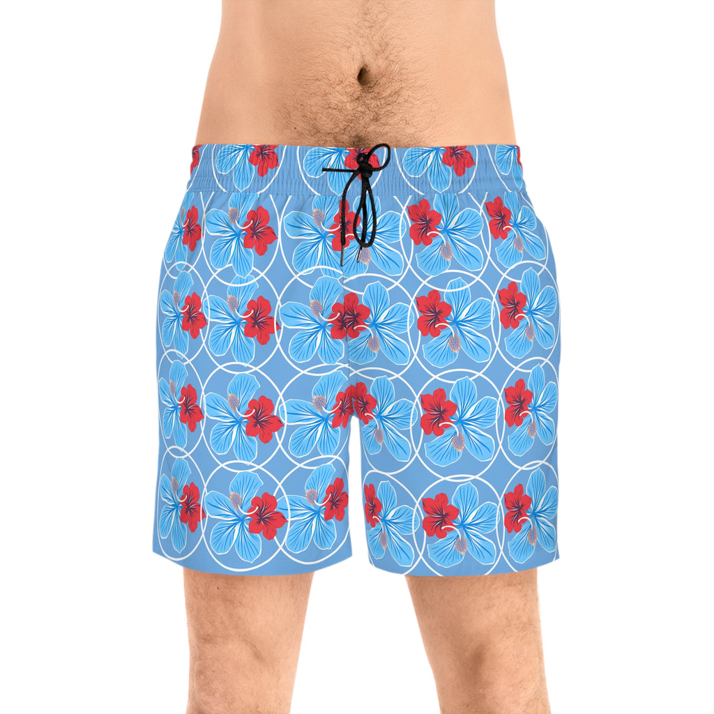Men's Floral Swim Shorts — Red & Blue Flower Print Mid-Length Trunks