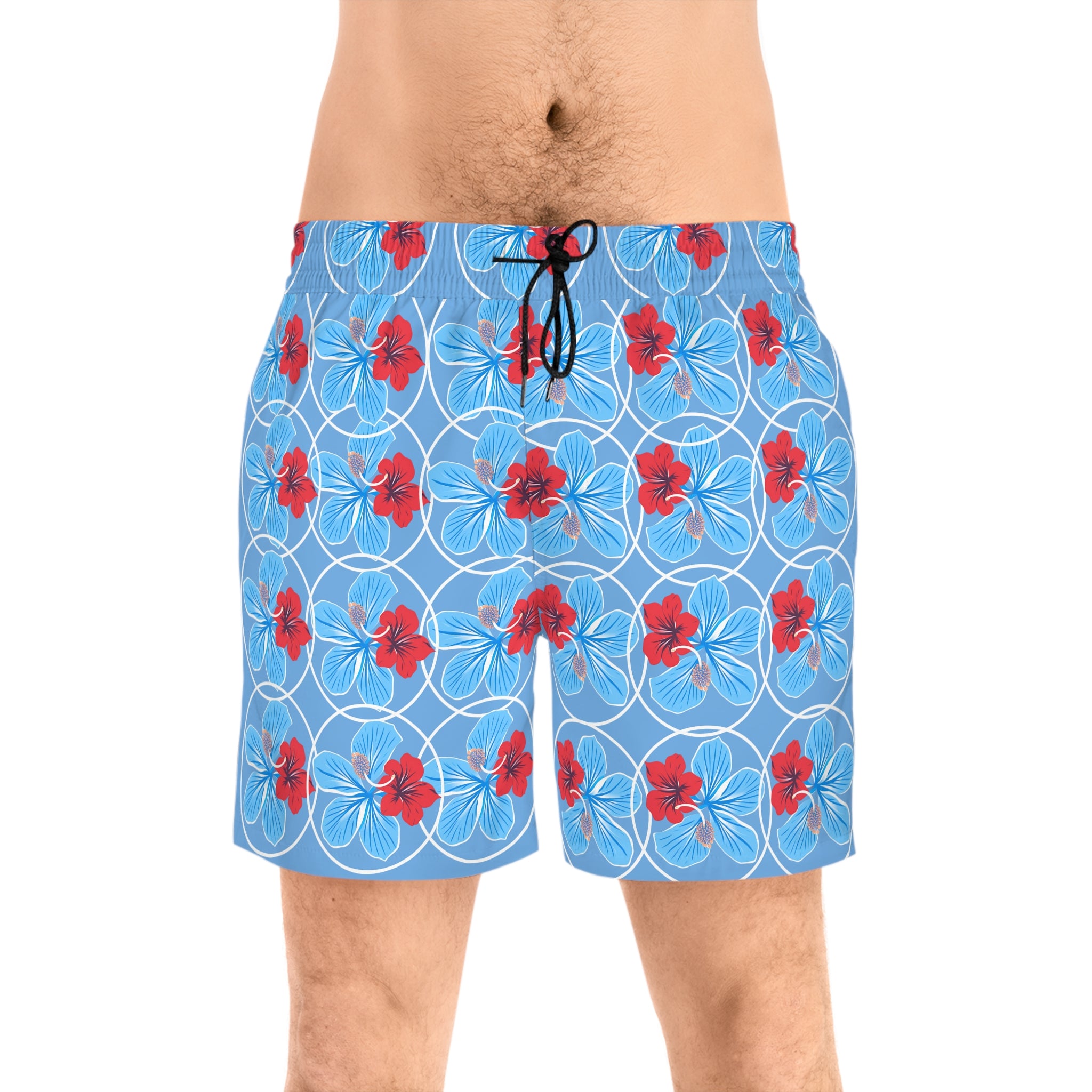 Men's Floral Swim Shorts — Red & Blue Flower Print Mid-Length Trunks