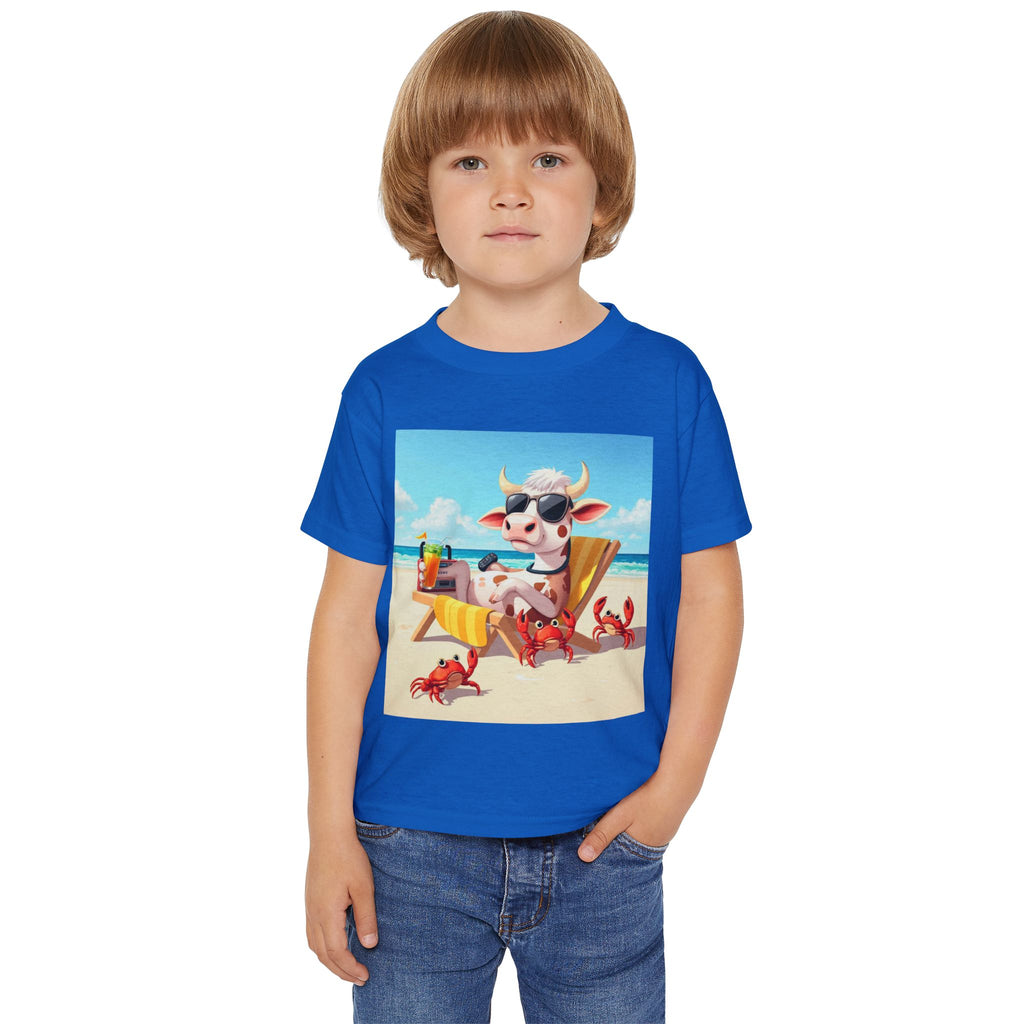 Toddler T-Shirt — Beach Cow in Sunglasses Graphic (Summer Vacation, Kid Tee)