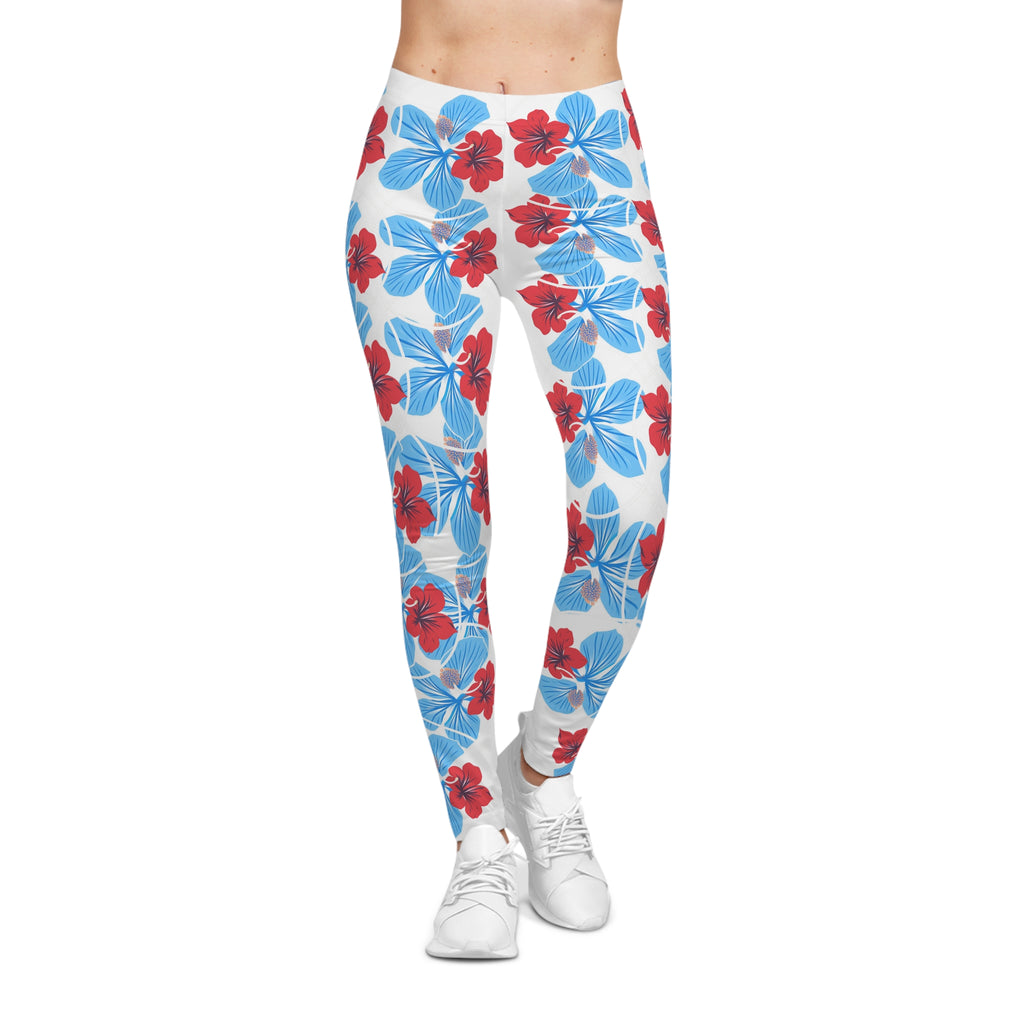 Tropical Floral Leggings — Blue & Red Hibiscus Allover Print