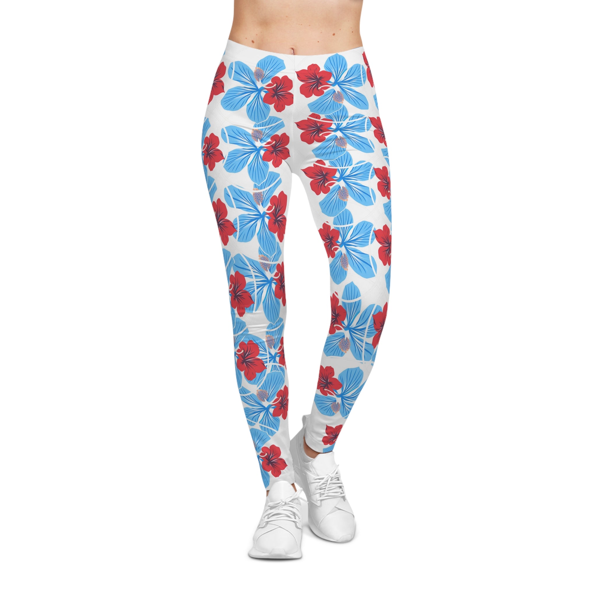 Tropical Floral Leggings — Blue & Red Hibiscus Allover Print