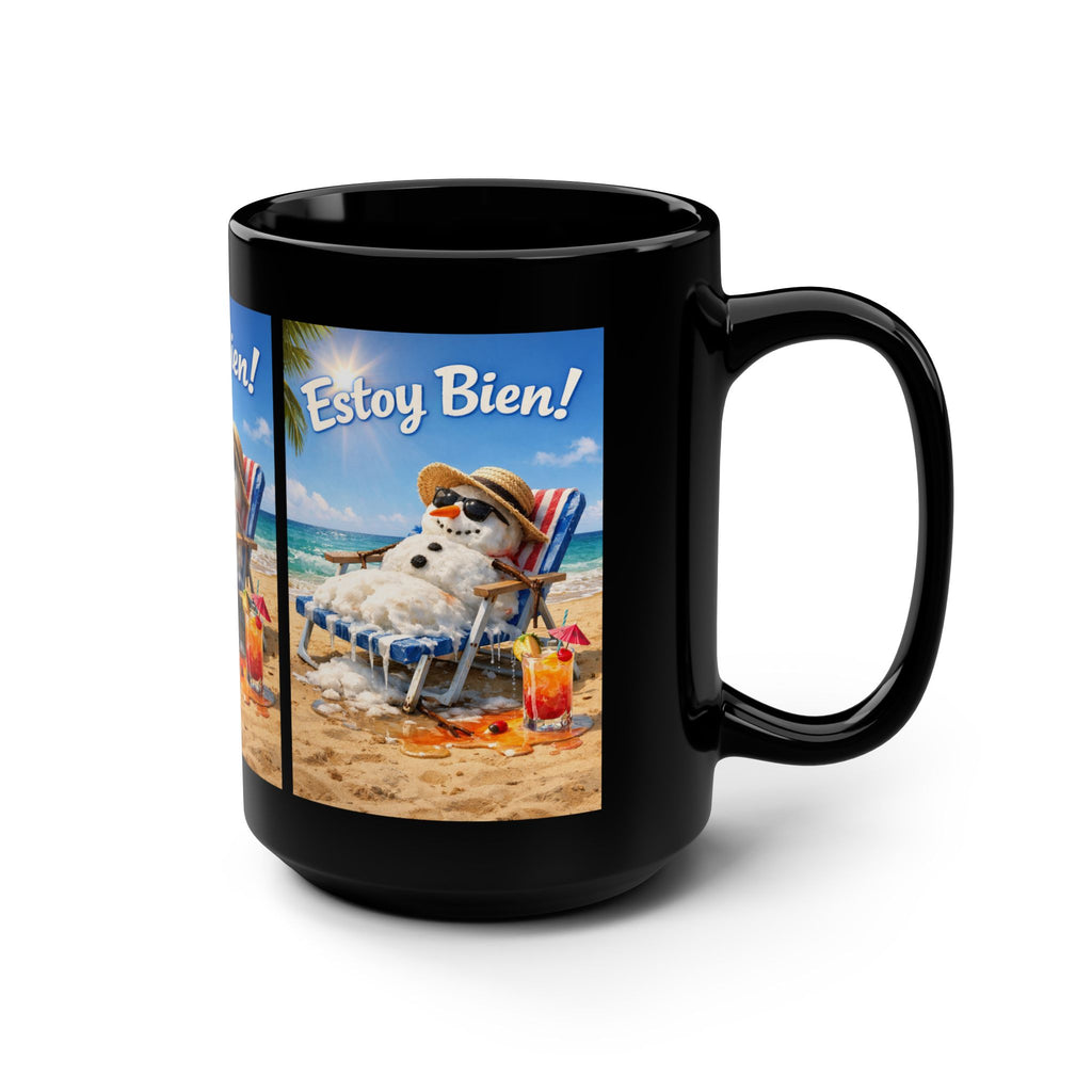 Estoy Bien! Beach Snowman Coffee Mug — 15oz Black Ceramic
