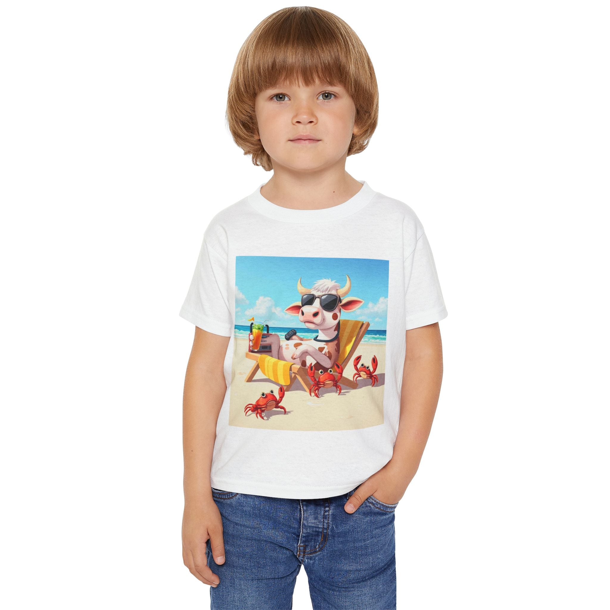 Toddler T-Shirt — Beach Cow in Sunglasses Graphic (Summer Vacation, Kid Tee)