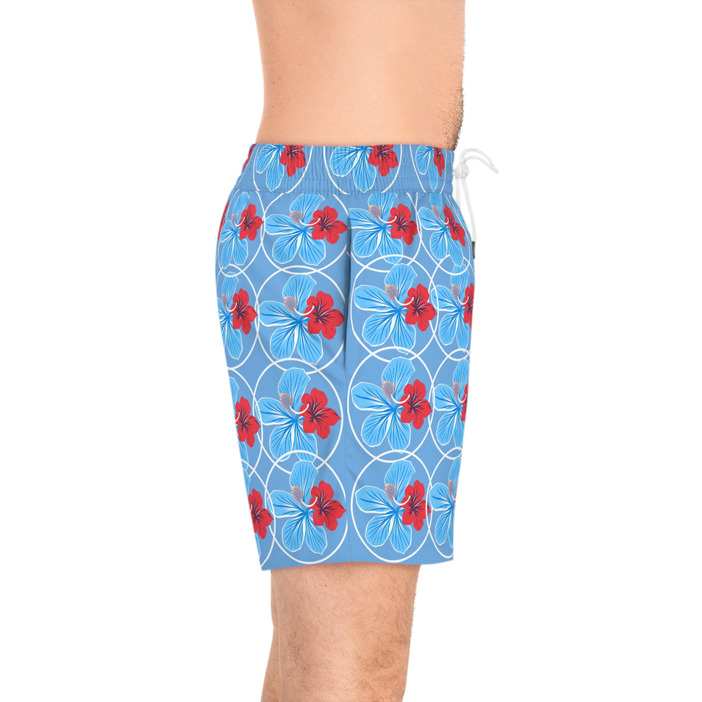 Men's Floral Swim Shorts — Red & Blue Flower Print Mid-Length Trunks
