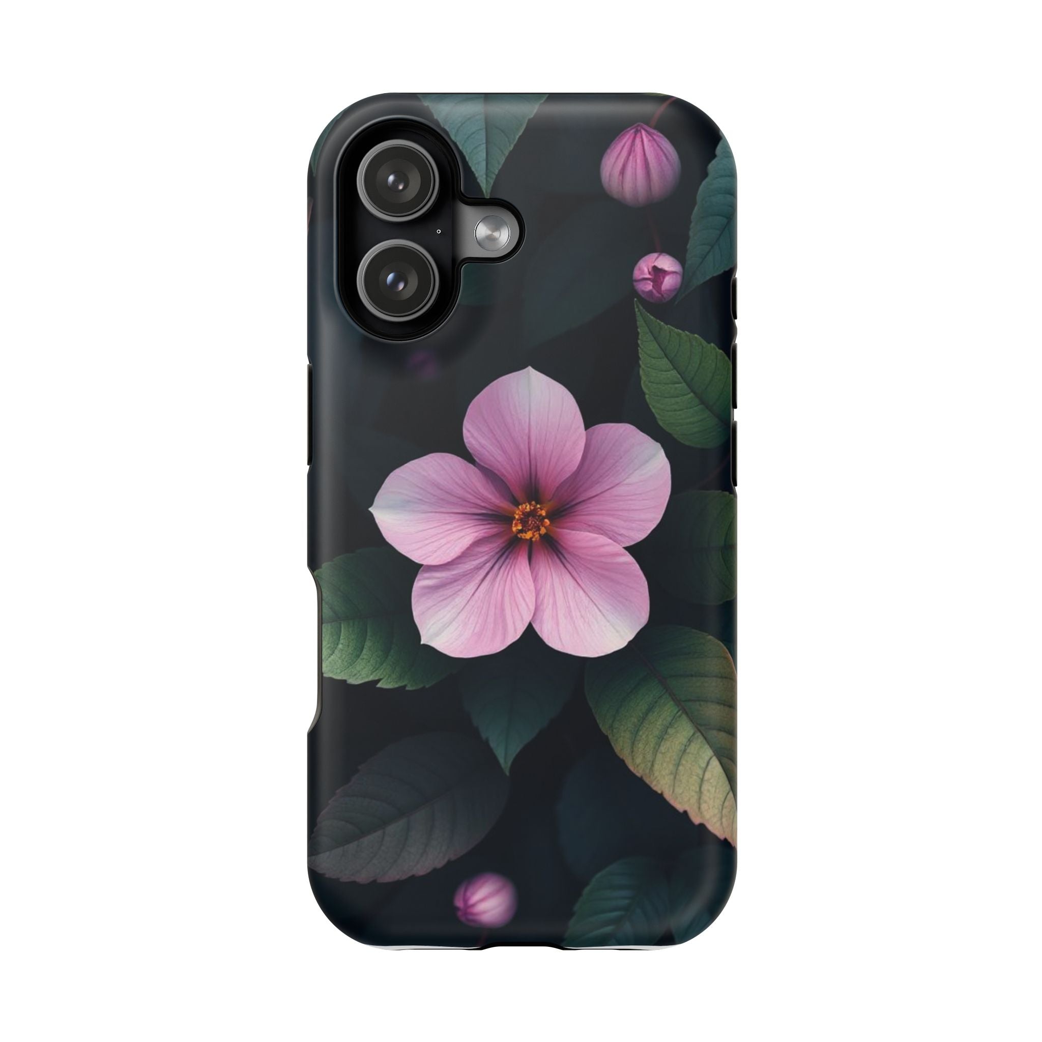 Floral Magnetic Impact-Resistant iPhone Cover Case — Pink Blossom on Dark Leaves