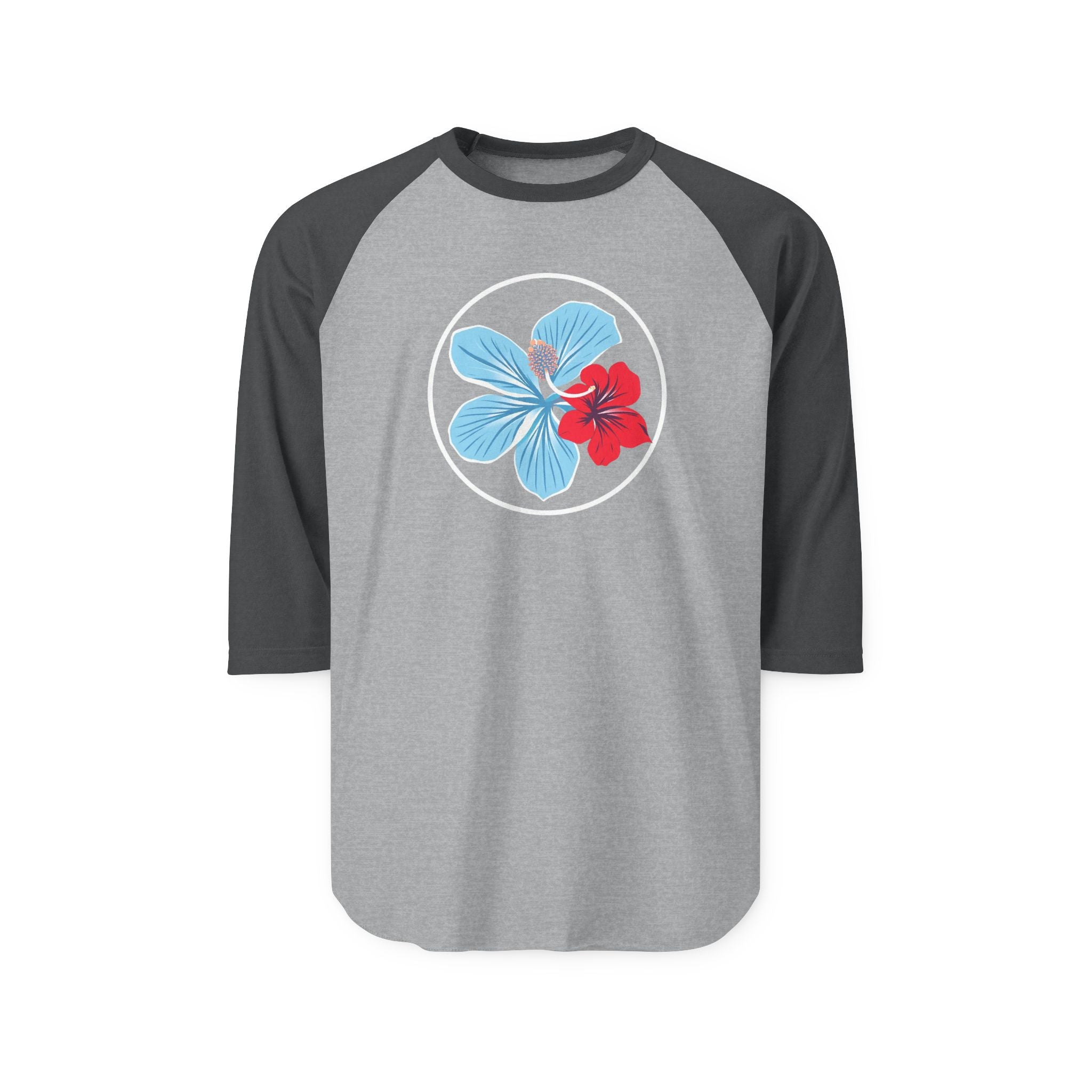Hibiscus Floral Raglan Shirt — "Azure" Blue & Red Flower Baseball Tee