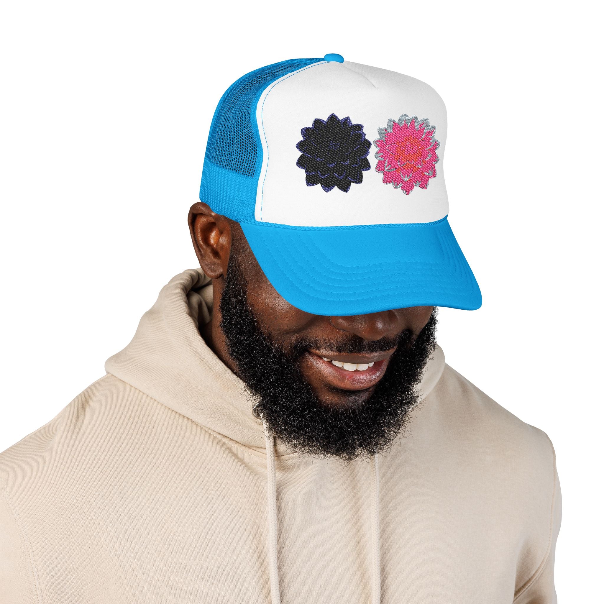 Embroidered Double Dahlia Trucker Hat — Pink & Black Floral Foam Cap