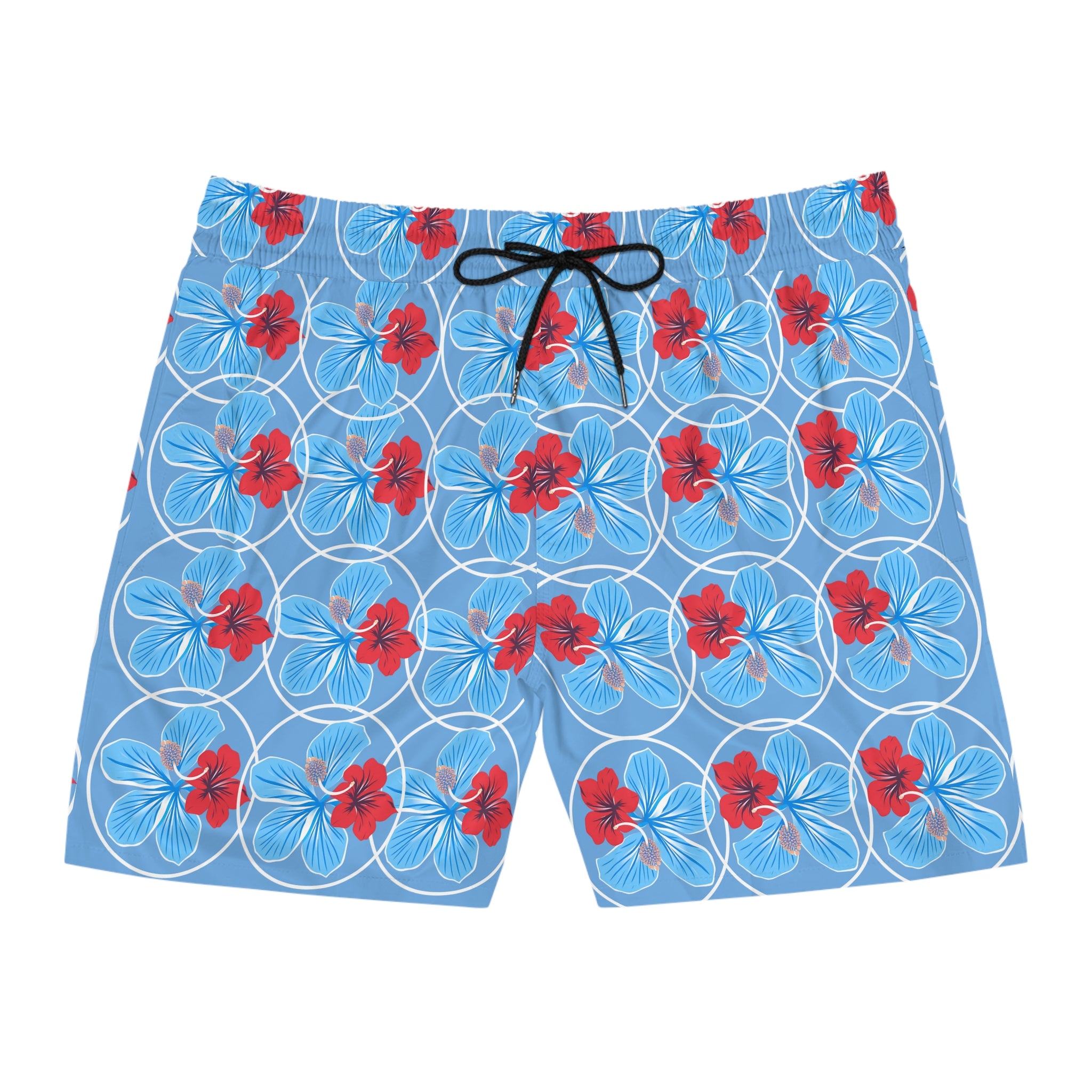 Men's Floral Swim Shorts — Red & Blue Flower Print Mid-Length Trunks