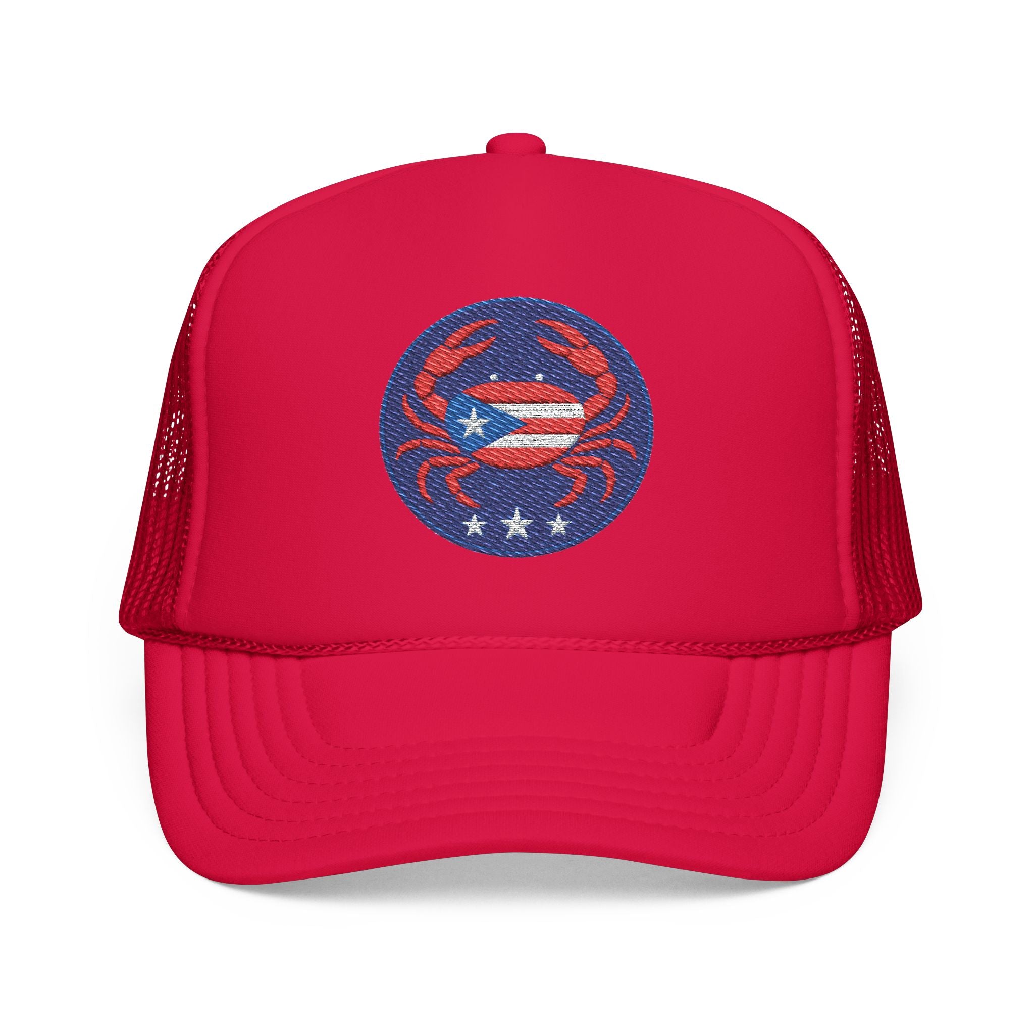 Embroidered Puerto Rico / Crab Trucker Hat — Coastal Mesh Foam Cap