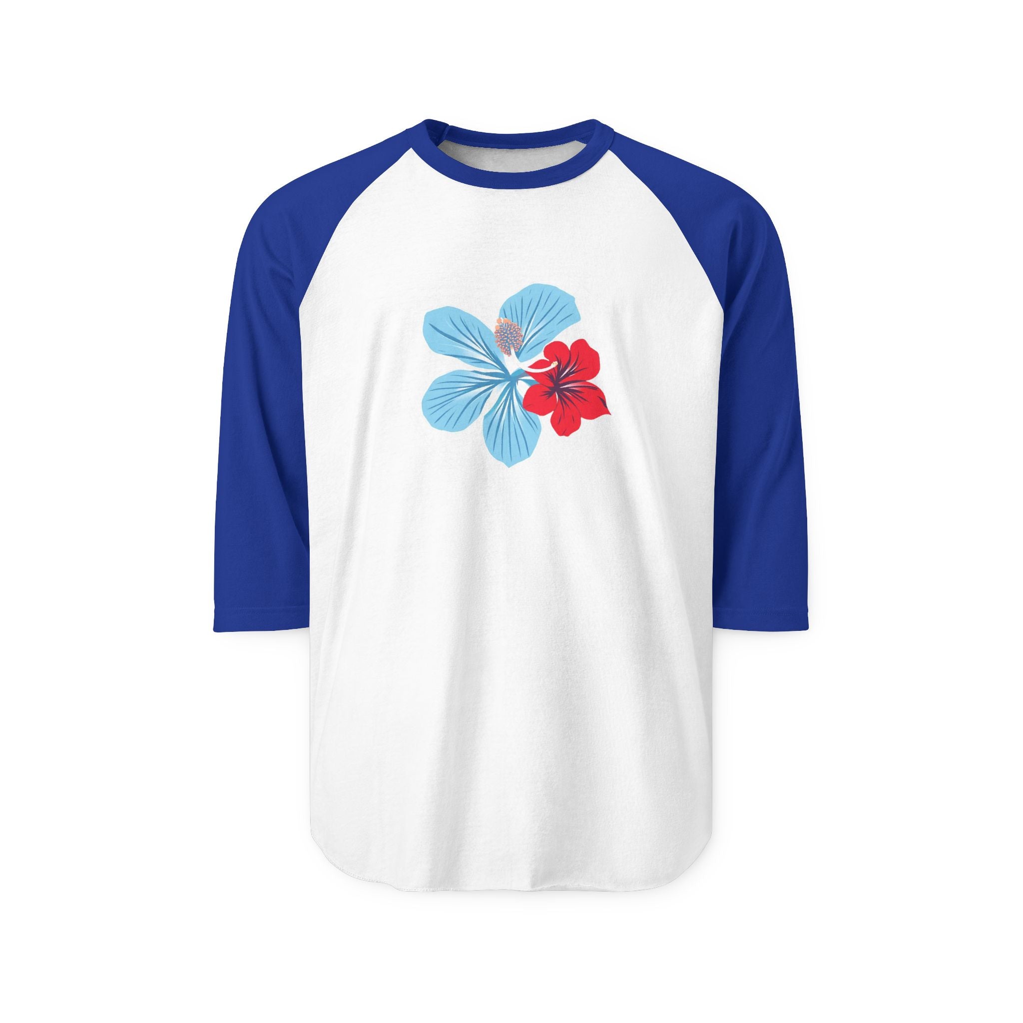 Hibiscus Floral Raglan Shirt — "Azure" Blue & Red Flower Baseball Tee