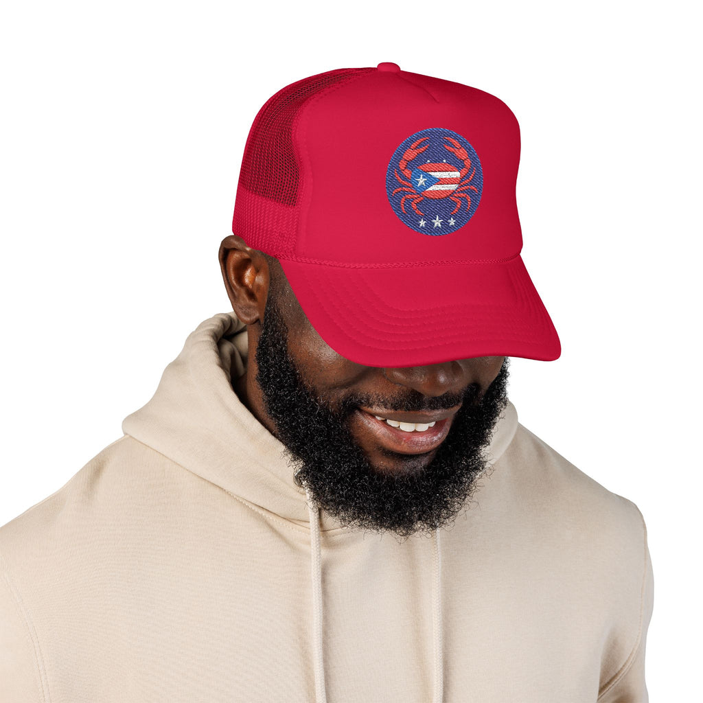 Embroidered Puerto Rico / Crab Trucker Hat — Coastal Mesh Foam Cap