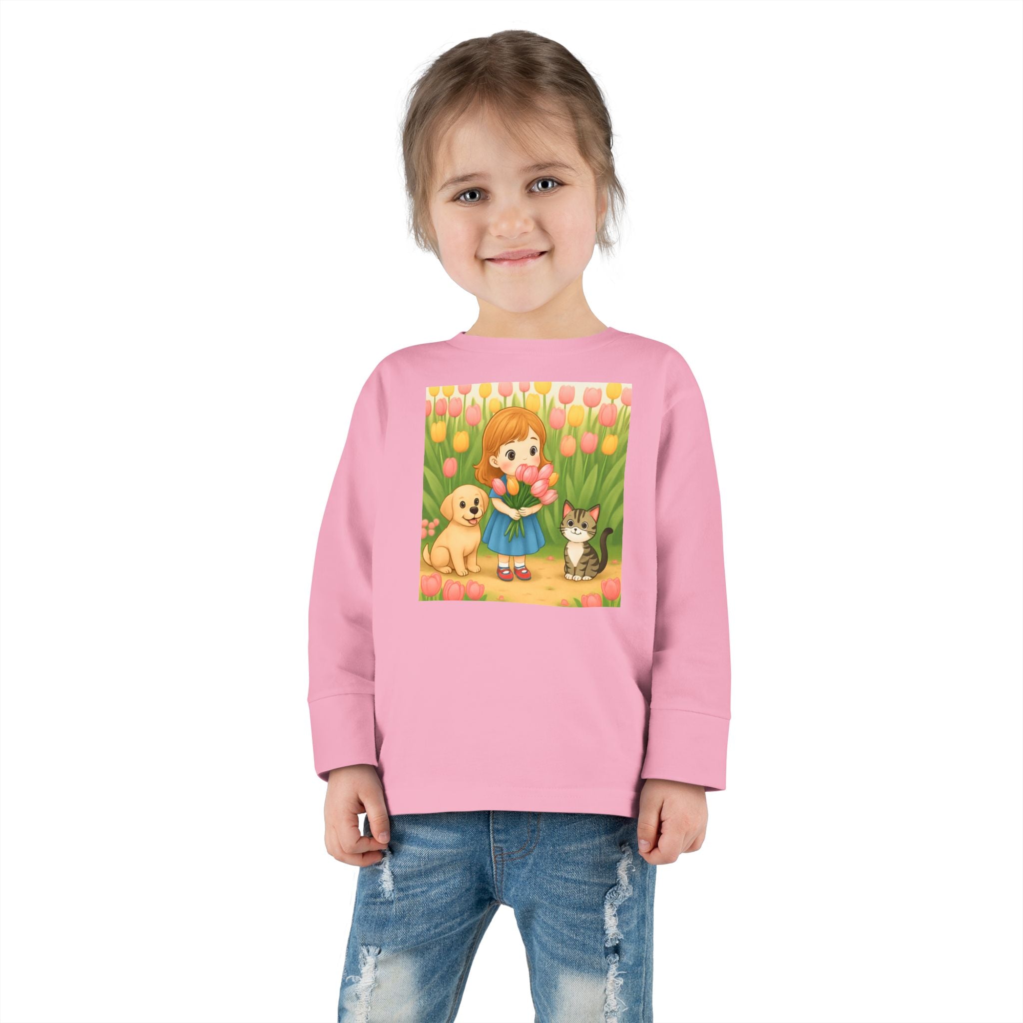 Toddler Long Sleeve Tee — Spring Cat and Dog Graphic