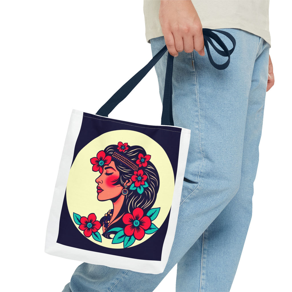 Floral Boho Woman Tote Bag — Retro Floral Portrait All-Over Print Tote
