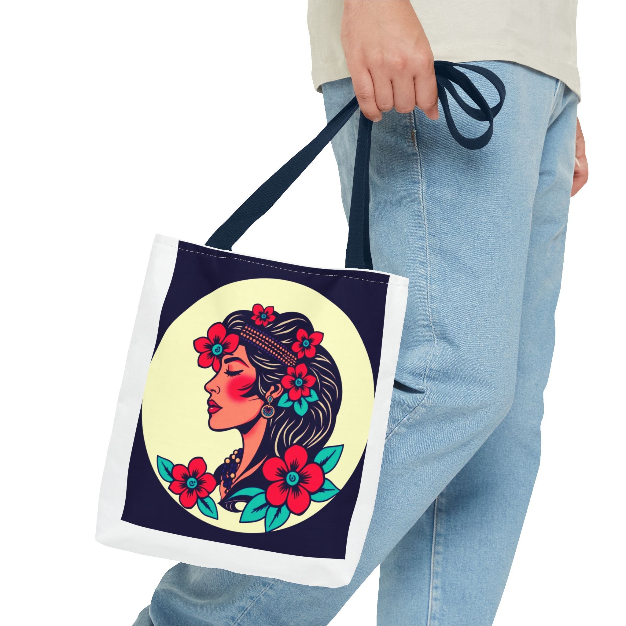 Floral Boho Woman Tote Bag — Retro Floral Portrait All-Over Print Tote