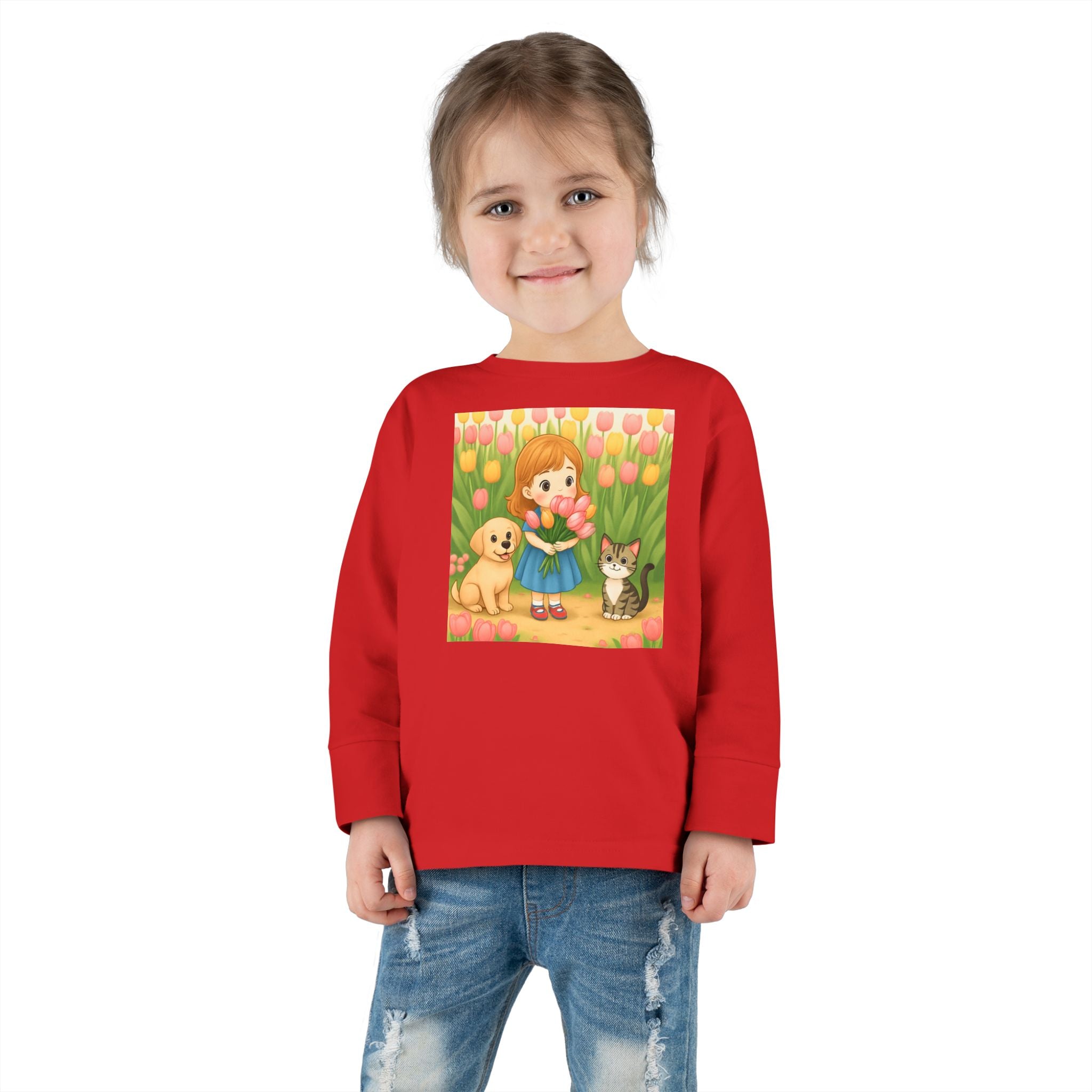 Toddler Long Sleeve Tee — Spring Cat and Dog Graphic
