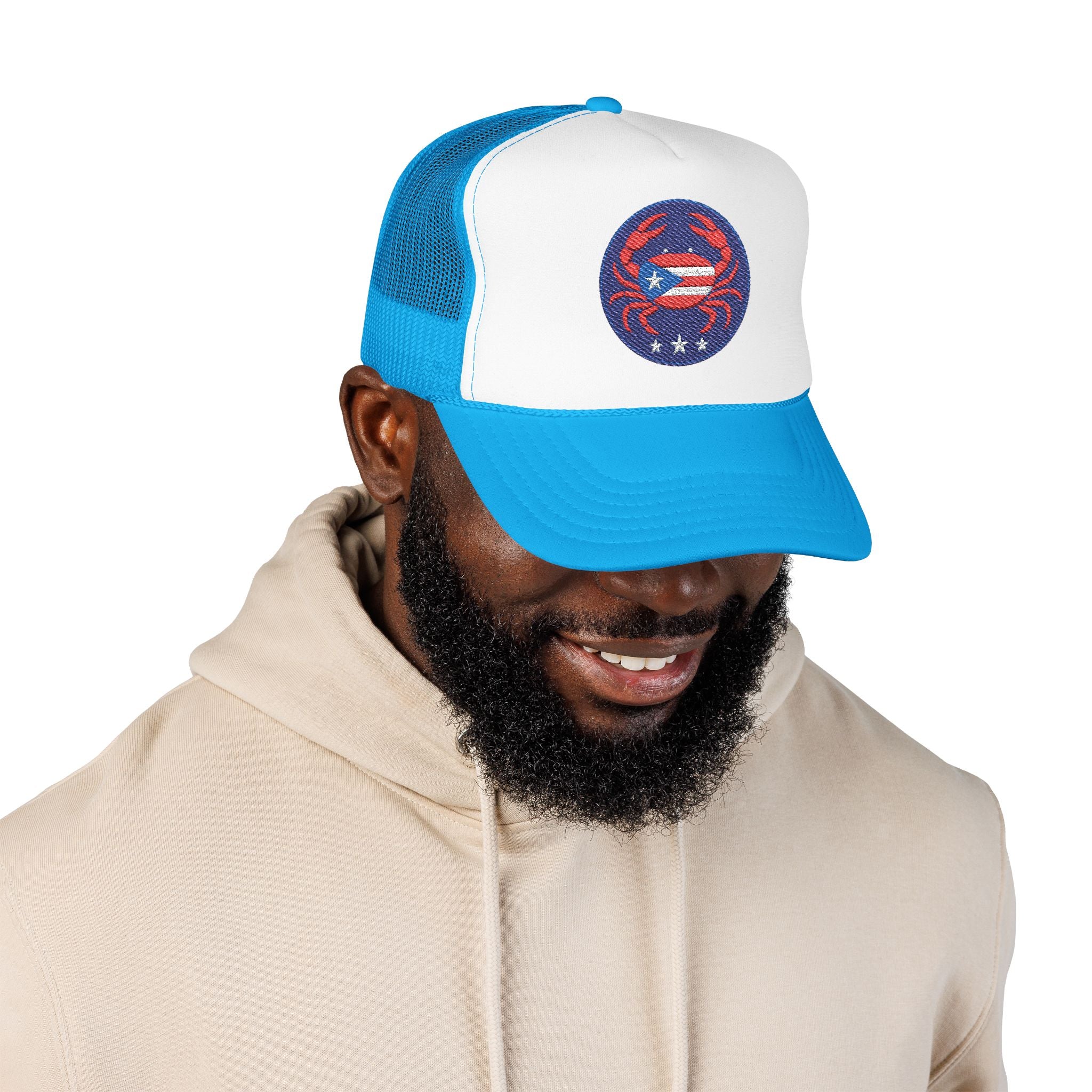 Embroidered Puerto Rico / Crab Trucker Hat — Coastal Mesh Foam Cap