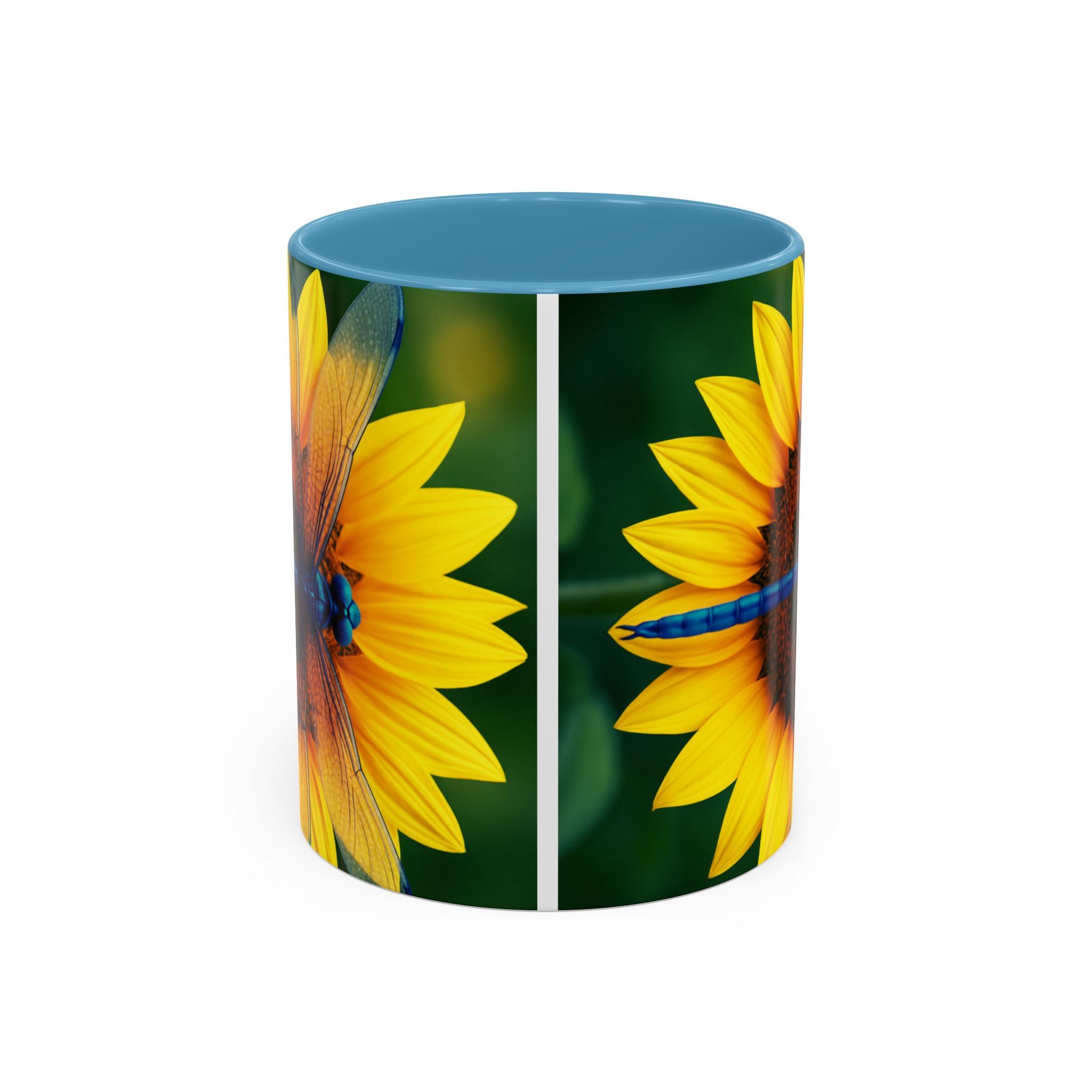 Sunflower & Dragonfly Accent Coffee Mug — Bright Floral Tea Cup (11/15oz)