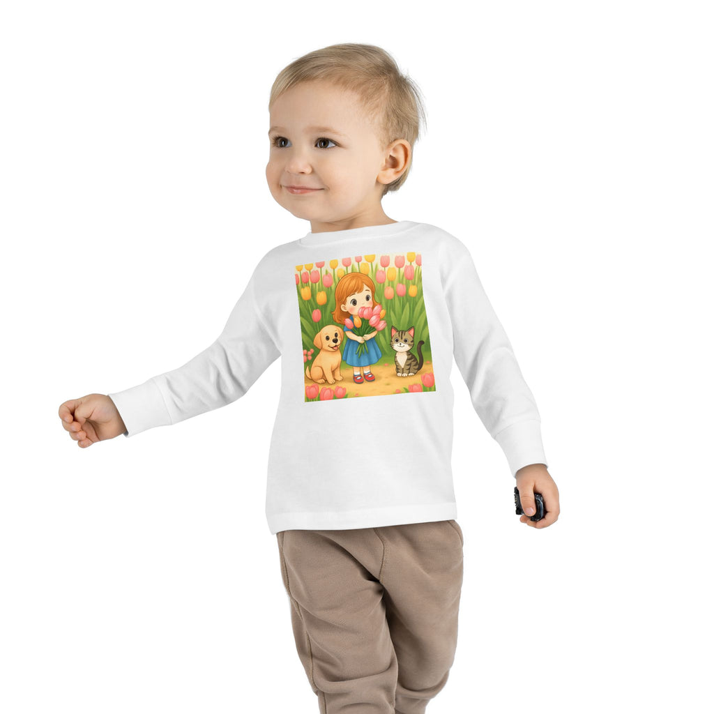 Toddler Long Sleeve Tee — Spring Cat and Dog Graphic