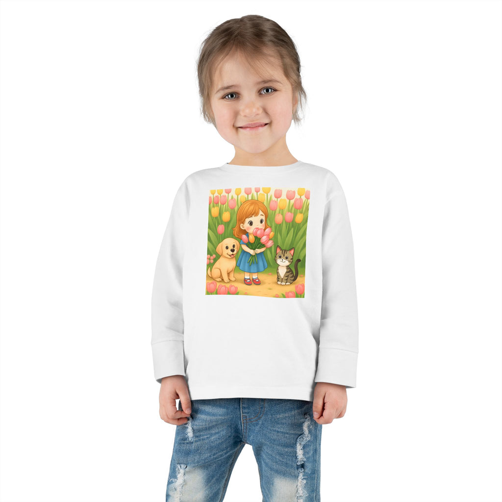 Toddler Long Sleeve Tee — Spring Cat and Dog Graphic