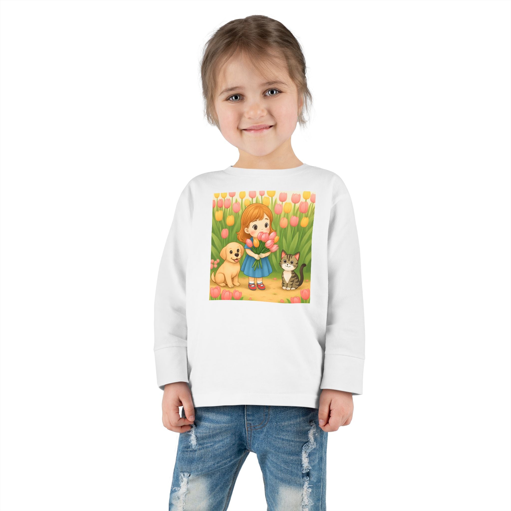 Toddler Long Sleeve Tee — Spring Cat and Dog Graphic