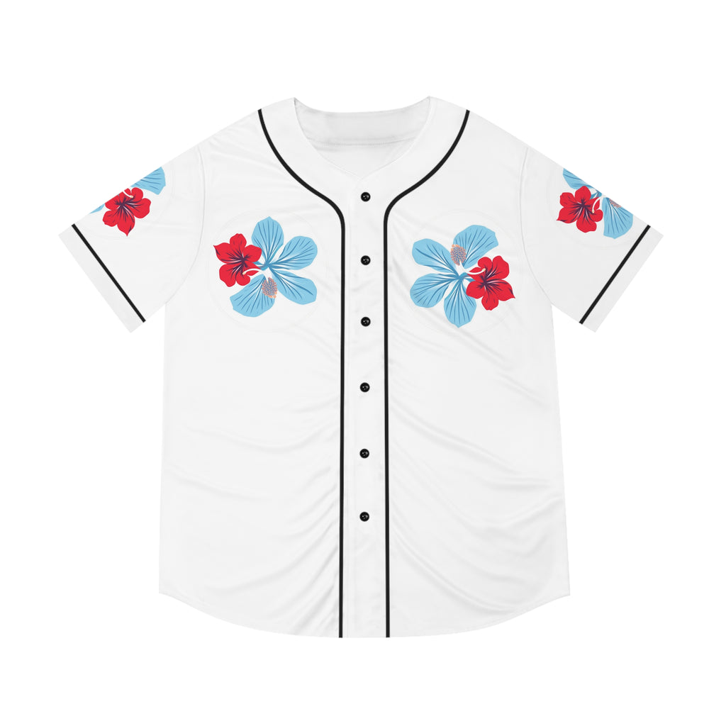 Puerto Rico Floral Baseball Jersey — "Azure" Blue and Red Tropical Hibiscus Jersey