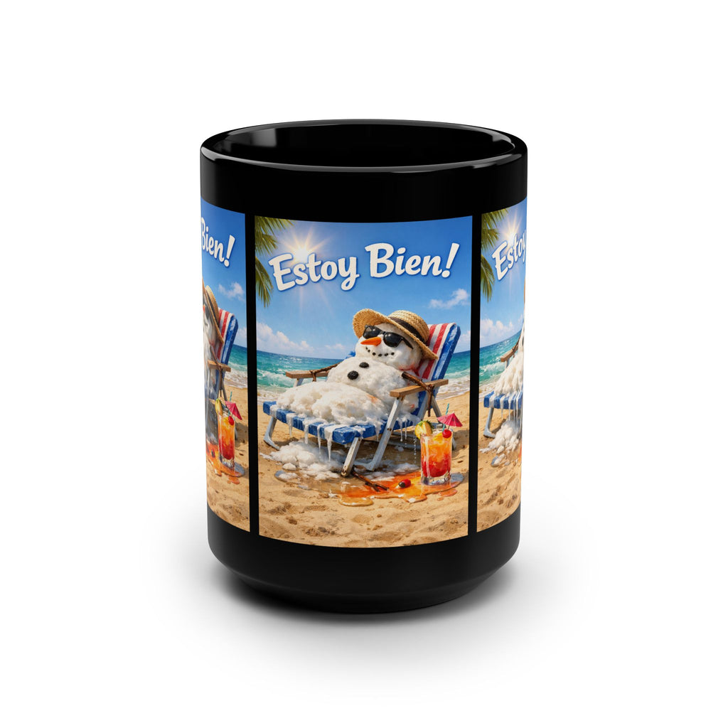 Estoy Bien! Beach Snowman Coffee Mug — 15oz Black Ceramic