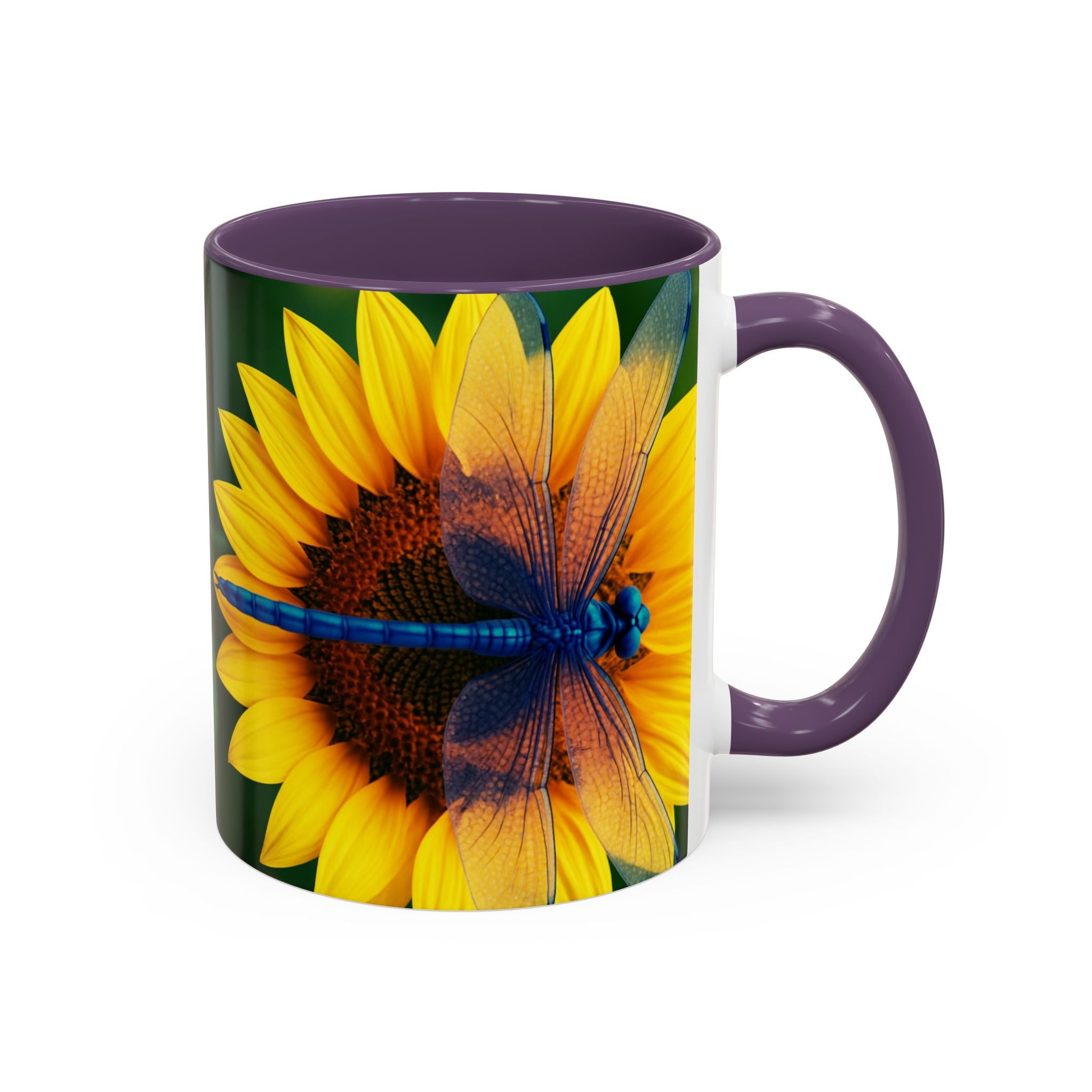 Sunflower & Dragonfly Accent Coffee Mug — Bright Floral Tea Cup (11/15oz)